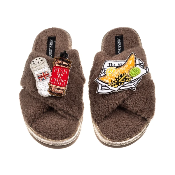 laines london Laines Neutral Boucle Slippers With Salt N Vinegar & Fish & Chips Brooches