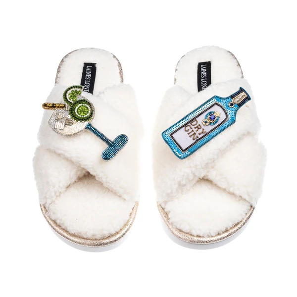 Laines London Laines Neutral Boucle Slippers With Sapphire Gin & Glass Brooches