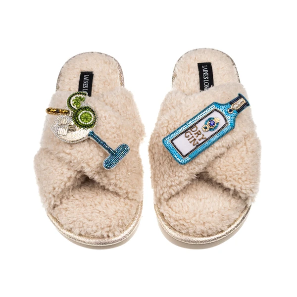 Laines London Laines Neutral Boucle Slippers With Sapphire Gin & Glass Brooches