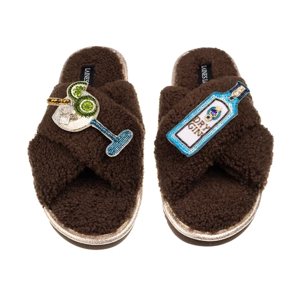 Laines London Laines Neutral Boucle Slippers With Sapphire Gin & Glass Brooches