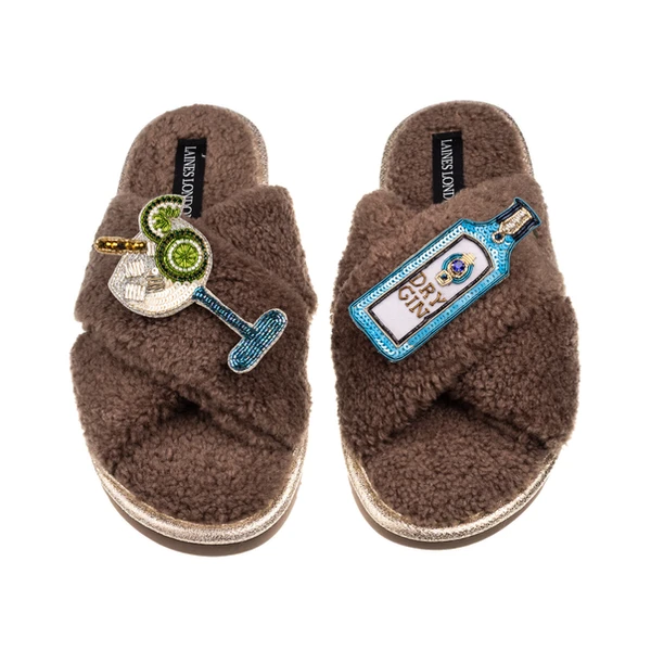 laines london Laines Neutral Boucle Slippers With Sapphire Gin & Glass Brooches