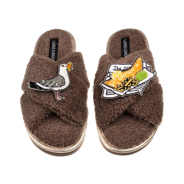 Laines London Laines Neutral Boucle Slippers With Seagull & Fish & Chips Brooches