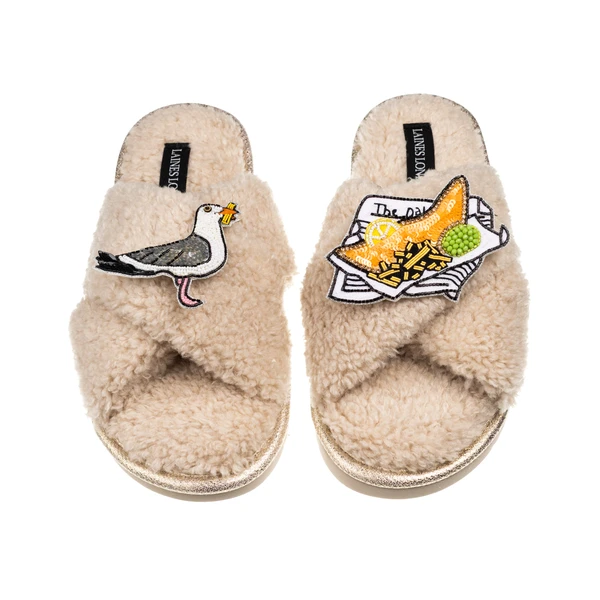 Laines London Laines Neutral Boucle Slippers With Seagull & Fish & Chips Brooches