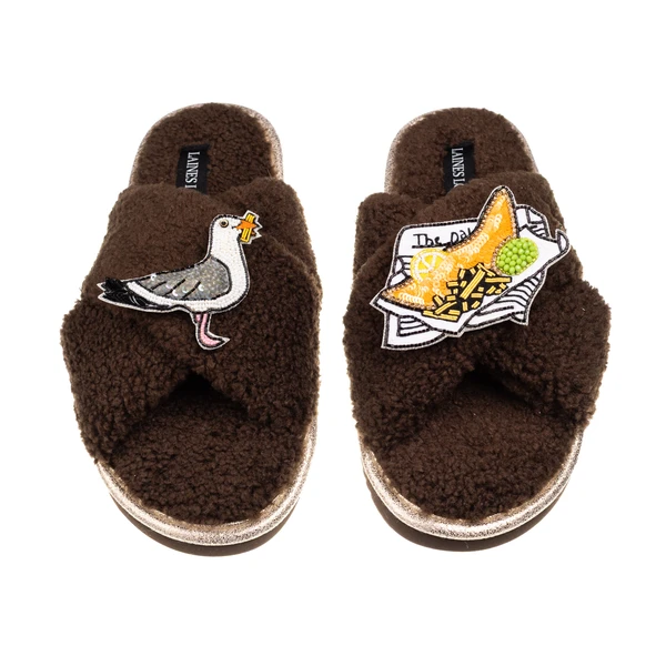 Laines London Laines Neutral Boucle Slippers With Seagull & Fish & Chips Brooches