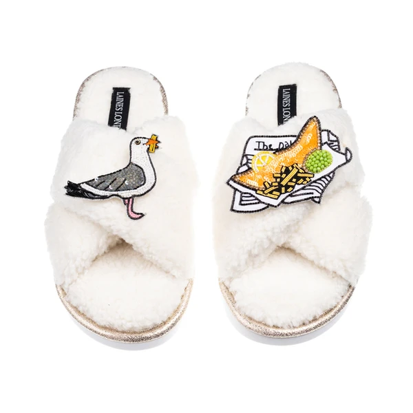 laines london Laines Neutral Boucle Slippers With Seagull & Fish & Chips Brooches