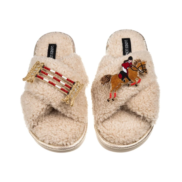 Laines London Laines Neutral Boucle Slippers With Show Jumper Brooches