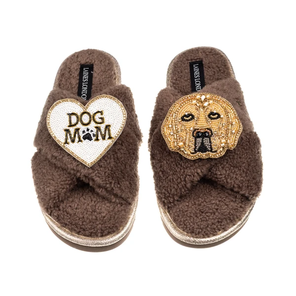 Laines London Laines Neutral Boucle Slippers With Skip The Golden Lab & Dog Mum/Mom Brooches