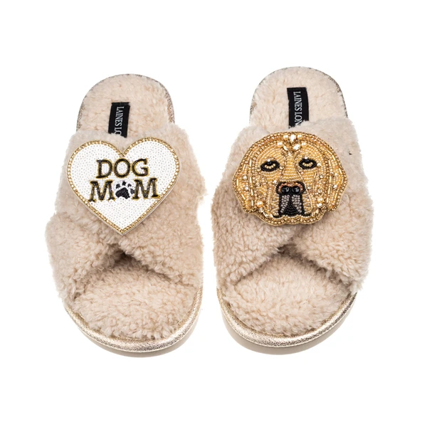 Laines London Laines Neutral Boucle Slippers With Skip The Golden Lab & Dog Mum/Mom Brooches