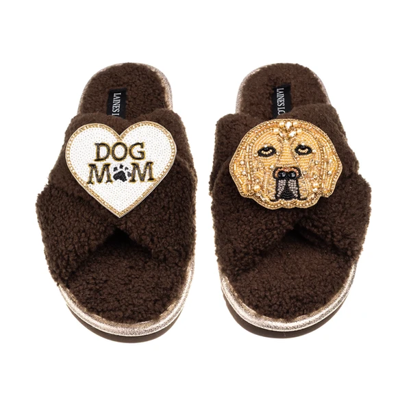Laines London Laines Neutral Boucle Slippers With Skip The Golden Lab & Dog Mum/Mom Brooches
