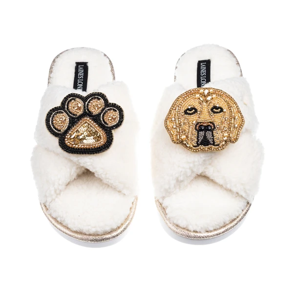 Laines London Laines Neutral Boucle Slippers With Skip The Golden Lab & Paw Brooches
