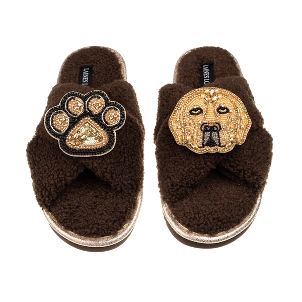 Laines London Laines Neutral Boucle Slippers With Skip The Golden Lab & Paw Brooches
