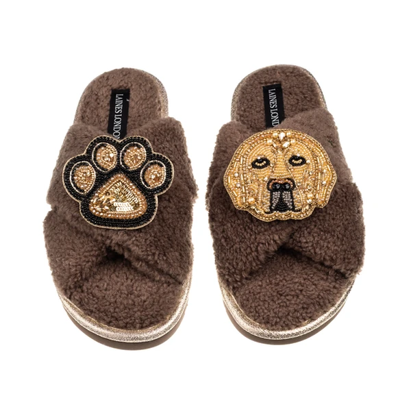 laines london Laines Neutral Boucle Slippers With Skip The Golden Lab & Paw Brooches