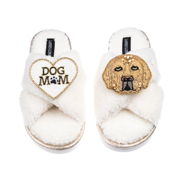 laines london Laines Neutral Boucle Slippers With Skip The Golden Lab & Dog Mum/Mom Brooches