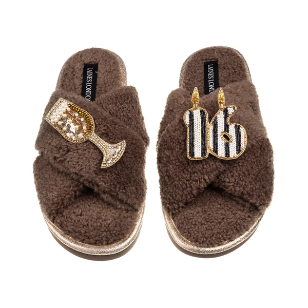 Laines London Laines Neutral Boucle Slippers With Stripe 16TH Birthday & Bubbles Brooches