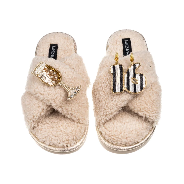 Laines London Laines Neutral Boucle Slippers With Stripe 16TH Birthday & Bubbles Brooches