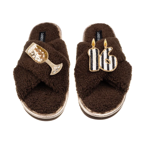 Laines London Laines Neutral Boucle Slippers With Stripe 16TH Birthday & Bubbles Brooches