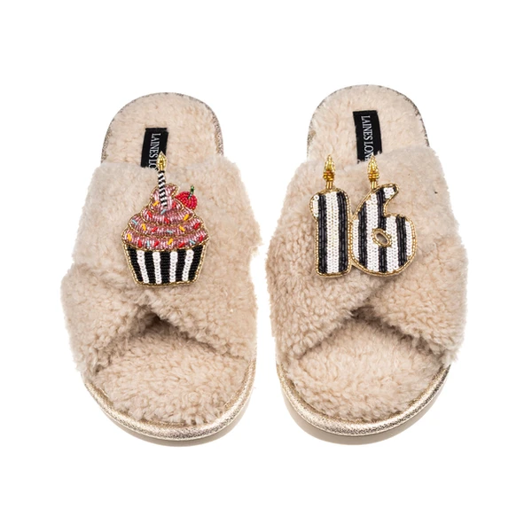 Laines London Laines Neutral Boucle Slippers With Stripe 16TH Birthday & Cake Brooches