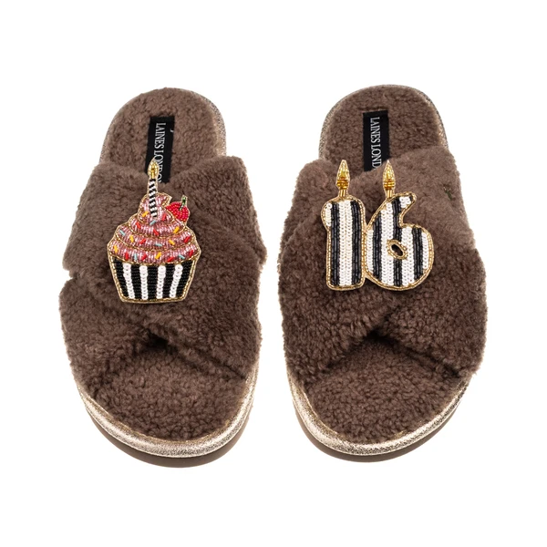 Laines London Laines Neutral Boucle Slippers With Stripe 16TH Birthday & Cake Brooches
