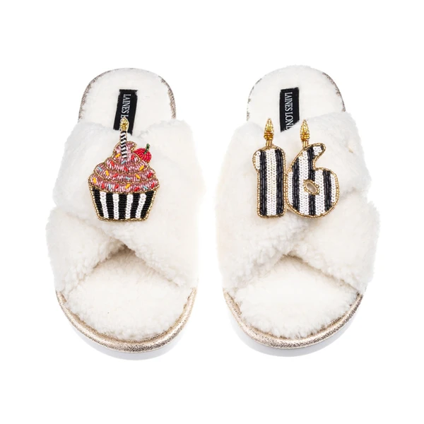 Laines London Laines Neutral Boucle Slippers With Stripe 16TH Birthday & Cake Brooches