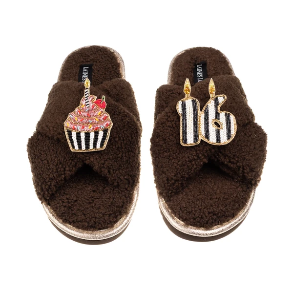 laines london Laines Neutral Boucle Slippers With Stripe 16TH Birthday & Cake Brooches