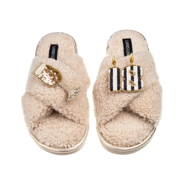 Laines London Laines Neutral Boucle Slippers With Stripe 18TH Birthday & Champers Brooches