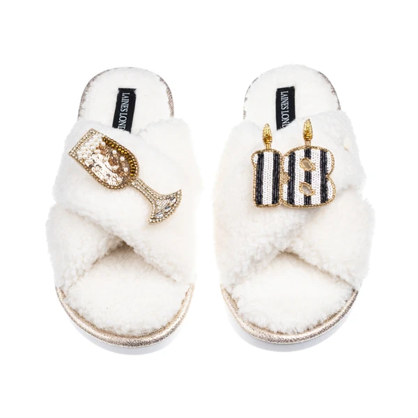 Laines London Laines Neutral Boucle Slippers With Stripe 18TH Birthday & Champers Brooches