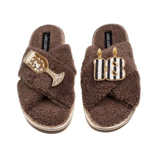 laines london Laines Neutral Boucle Slippers With Stripe 18TH Birthday & Champers Brooches