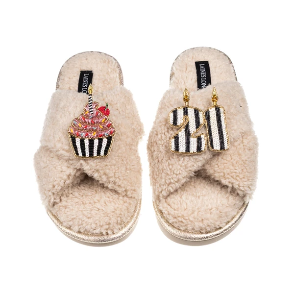 Laines London Laines Neutral Boucle Slippers With Stripe 21ST Birthday & Cake Brooches