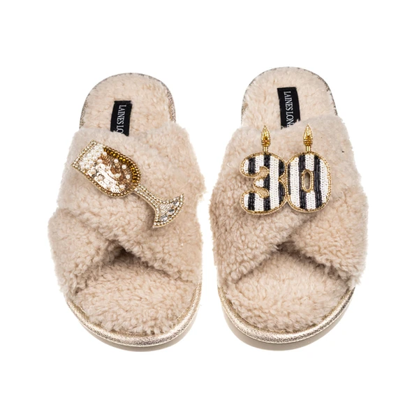Laines London Laines Neutral Boucle Slippers With Stripe 30TH Birthday & Champers Brooches