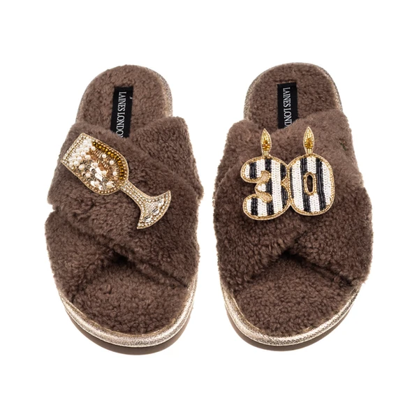 Laines London Laines Neutral Boucle Slippers With Stripe 30TH Birthday & Champers Brooches
