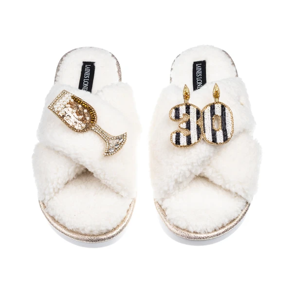 Laines London Laines Neutral Boucle Slippers With Stripe 30TH Birthday & Champers Brooches