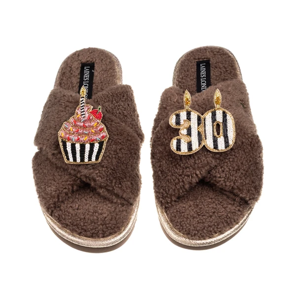 Laines London Laines Neutral Boucle Slippers With Stripe 30TH Birthday & Cake Brooch