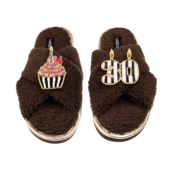 Laines London Laines Neutral Boucle Slippers With Stripe 30TH Birthday & Cake Brooch