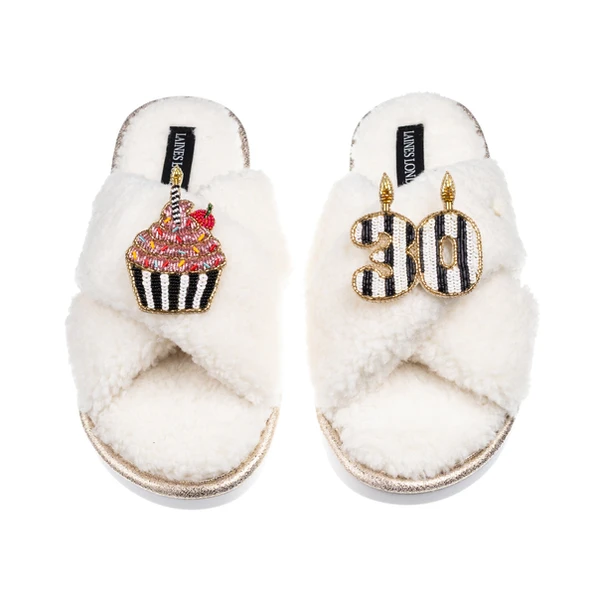 Laines London Laines Neutral Boucle Slippers With Stripe 30TH Birthday & Cake Brooch