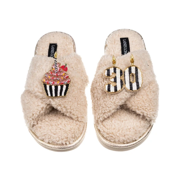 laines london Laines Neutral Boucle Slippers With Stripe 30TH Birthday & Cake Brooch