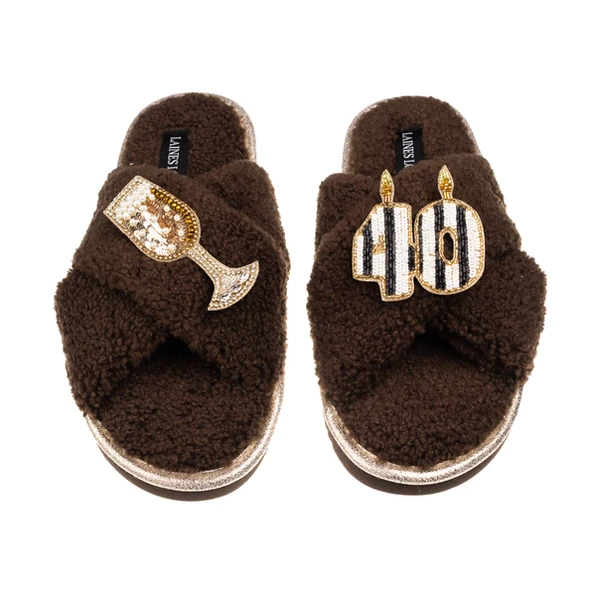 Laines London Laines Neutral Boucle Slippers With Stripe 40TH Birthday & Champers Brooches