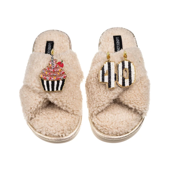 Laines London Laines Neutral Boucle Slippers With Stripe 40TH Birthday & Cake Brooches