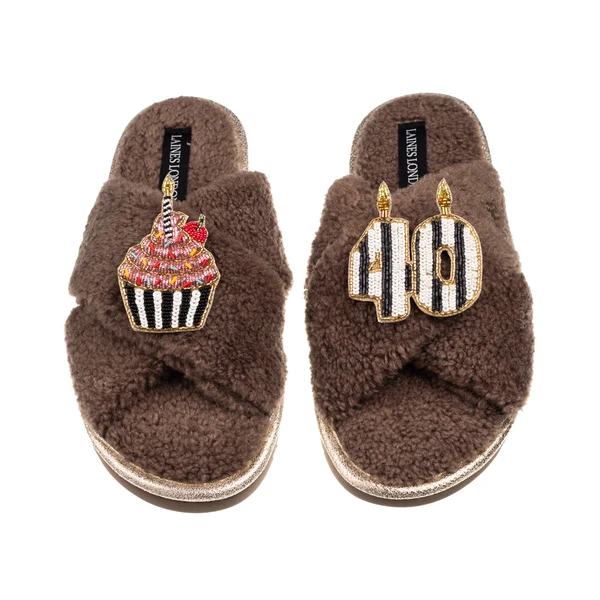 Laines London Laines Neutral Boucle Slippers With Stripe 40TH Birthday & Cake Brooches