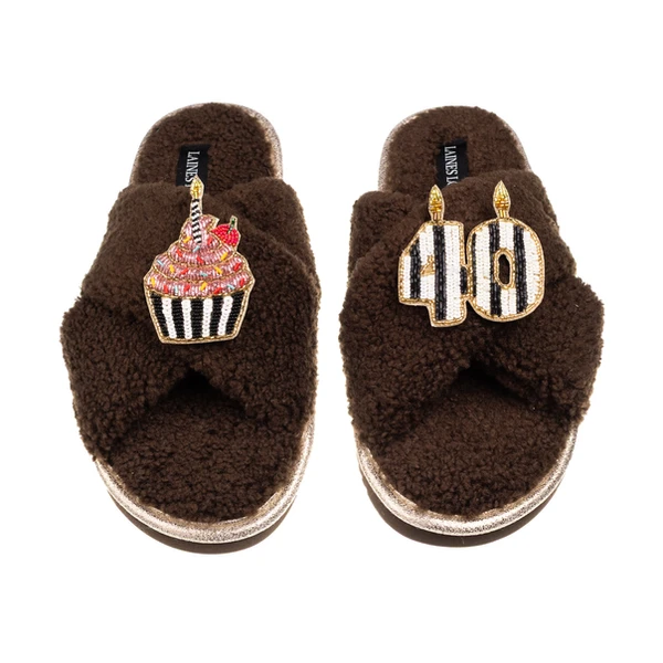 laines london Laines Neutral Boucle Slippers With Stripe 40TH Birthday & Cake Brooches