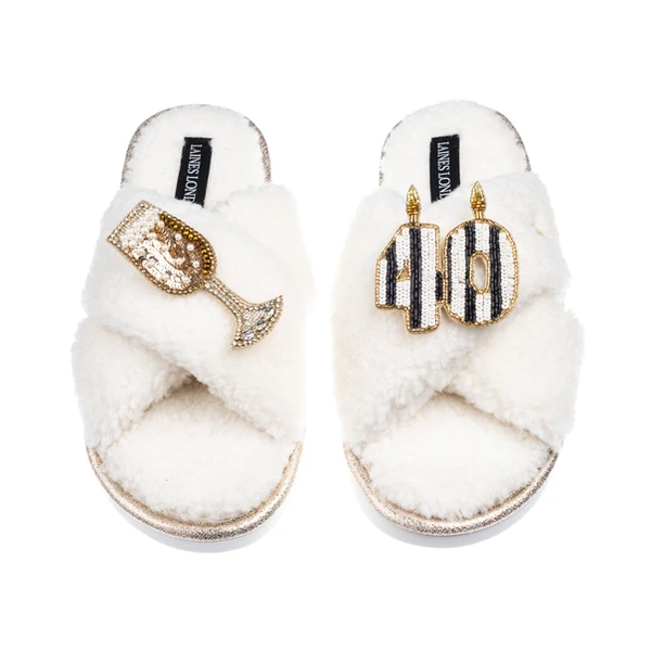 laines london Laines Neutral Boucle Slippers With Stripe 40TH Birthday & Champers Brooches