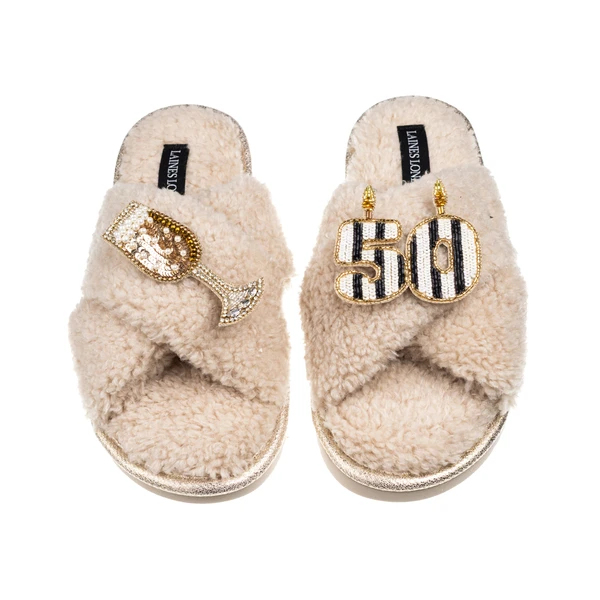 Laines London Laines Neutral Boucle Slippers With Stripe 50TH Birthday & Champers Brooches