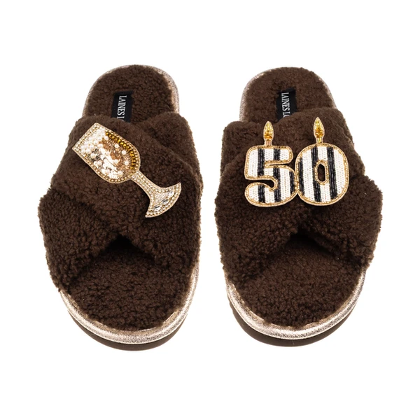 Laines London Laines Neutral Boucle Slippers With Stripe 50TH Birthday & Champers Brooches