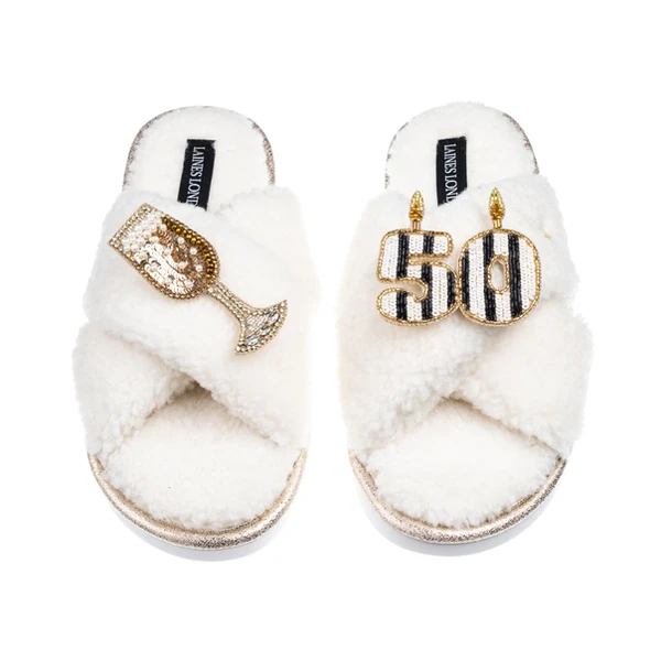 Laines London Laines Neutral Boucle Slippers With Stripe 50TH Birthday & Champers Brooches
