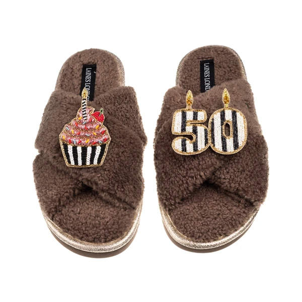 Laines London Laines Neutral Boucle Slippers With Stripe 50TH Birthday & Cake Brooches