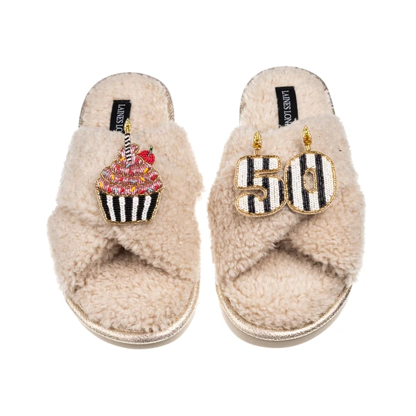 Laines London Laines Neutral Boucle Slippers With Stripe 50TH Birthday & Cake Brooches