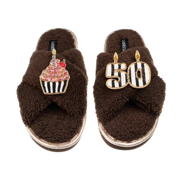 Laines London Laines Neutral Boucle Slippers With Stripe 50TH Birthday & Cake Brooches