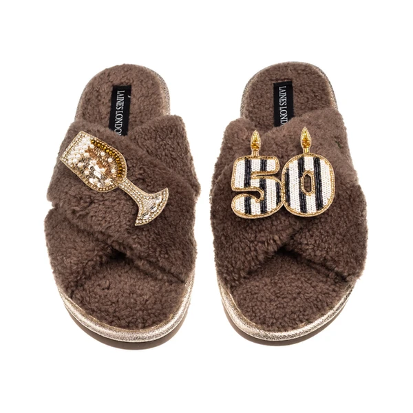 laines london Laines Neutral Boucle Slippers With Stripe 50TH Birthday & Champers Brooches