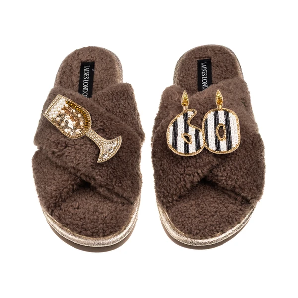 Laines London Laines Neutral Boucle Slippers With Stripe 60TH Birthday & Champers Brooches