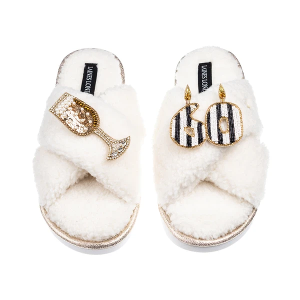 Laines London Laines Neutral Boucle Slippers With Stripe 60TH Birthday & Champers Brooches