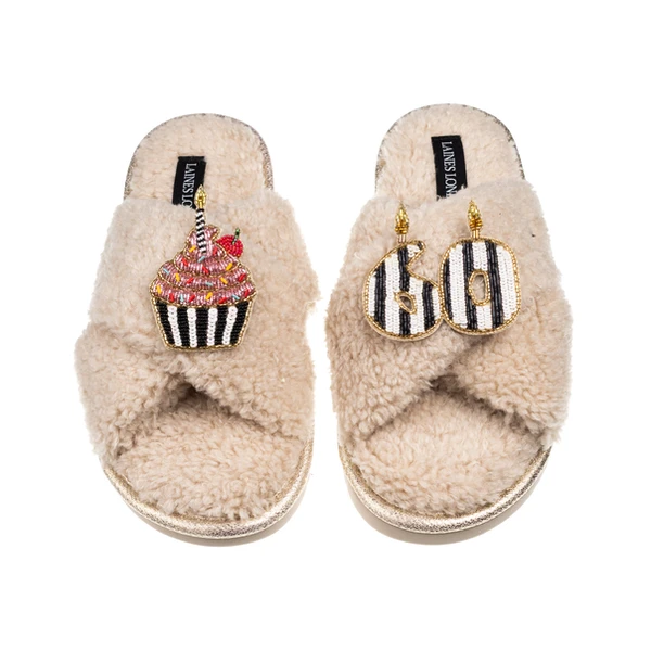 Laines London Laines Neutral Boucle Slippers With Stripe 60TH Birthday & Cake Brooches